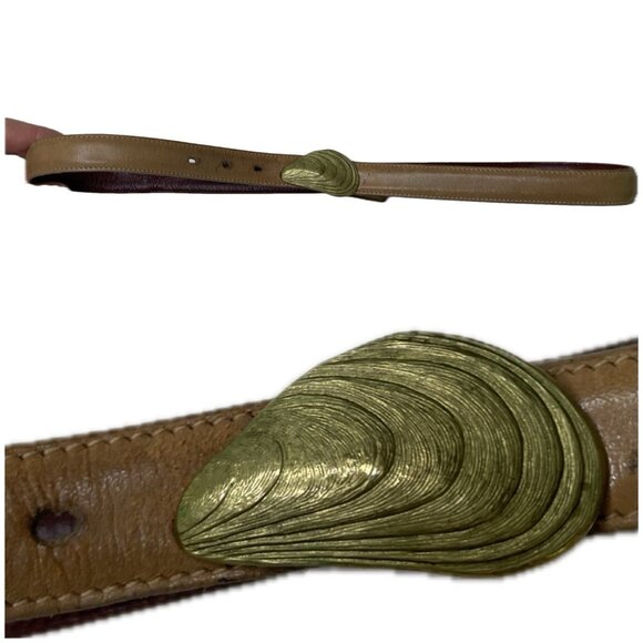 VTG Leather Trafalgar Women's Waist Belt Seashell Buckle Made in USA Size 28 S